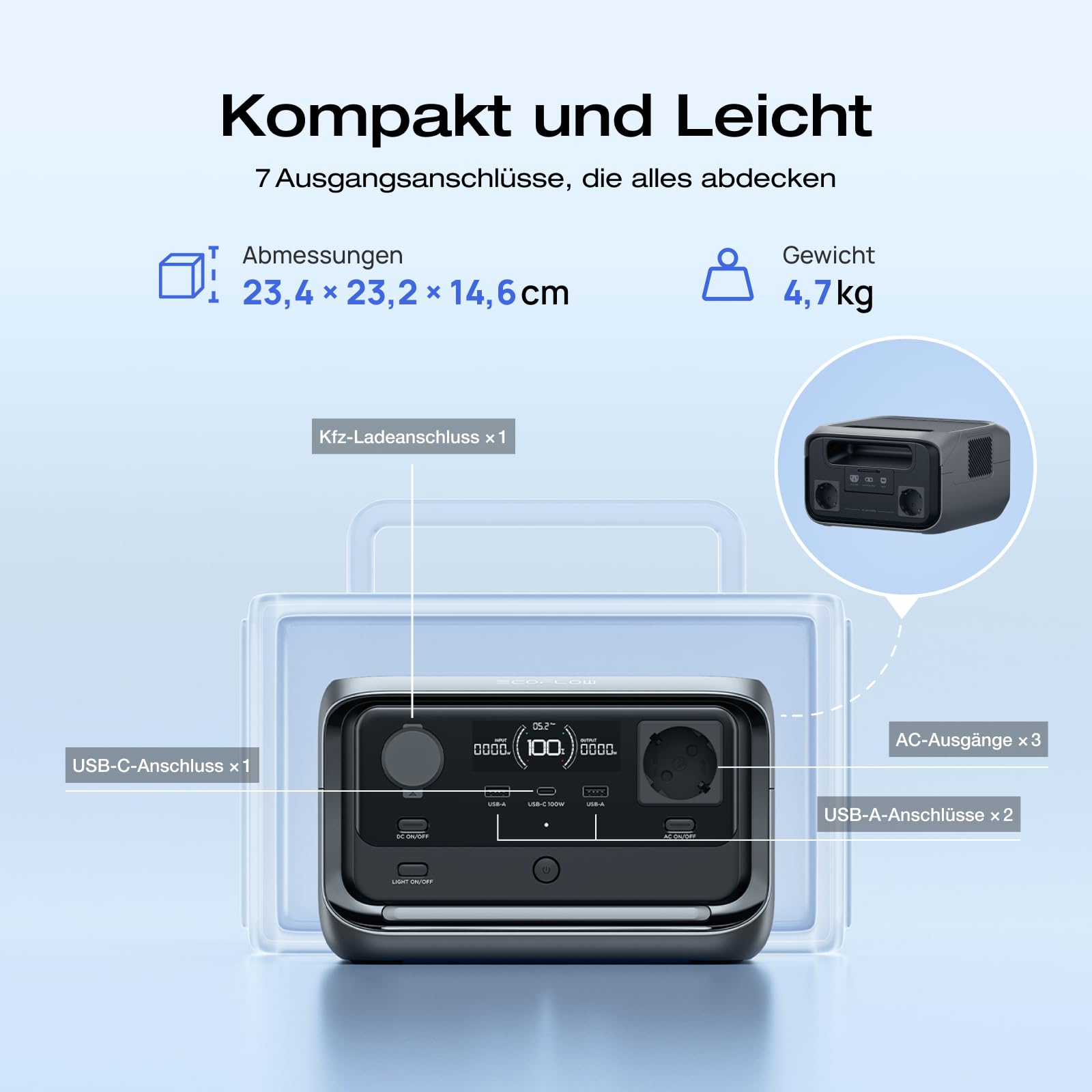 ECOFLOW RIVER 3 Plus Tragbare Powerstation, 286 Wh LFP Batterie, bis zu 1 200 W Leistung, erweiterbar auf 858 Wh, <10 ms USV, Solargenerator für Camping, RV (Generalüberholt)